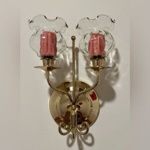 Vintage Home Interior Brass Wall Sconce with Fluted Glass Candle Holders EUC
